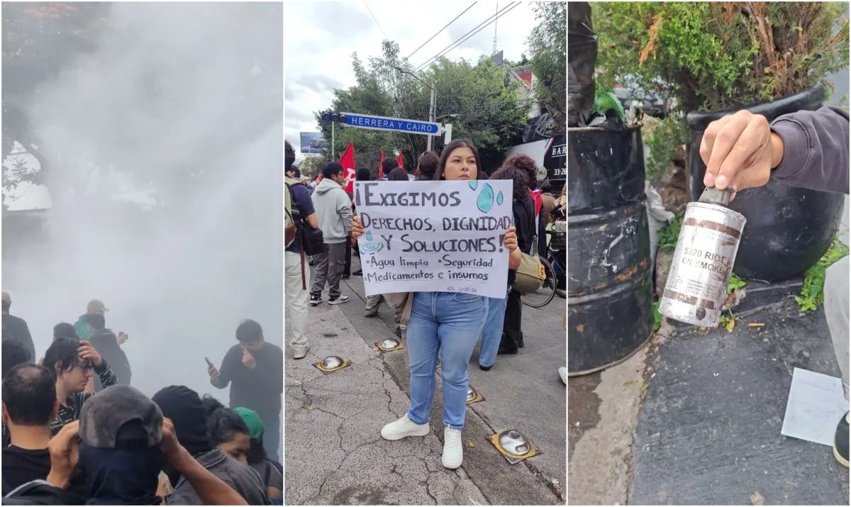 En tres imágenes: manifestantes son rociados con gas lacrimógeno; una joven sostiene un cartel donde pide se garantice el derecho al agua en Guadalajara y una mano sostiene una lata de gas lacrimógeno.
