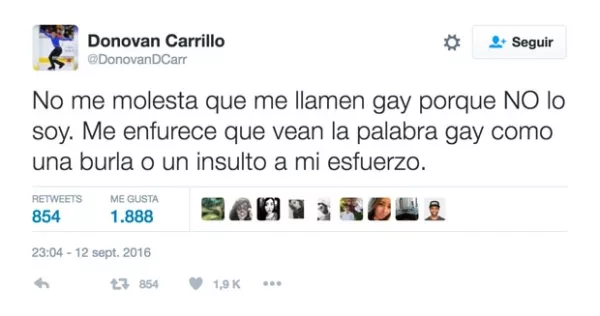 Este fue el primer tuit que mandó Donovan para responder a todos los comentarios homofóbicos.