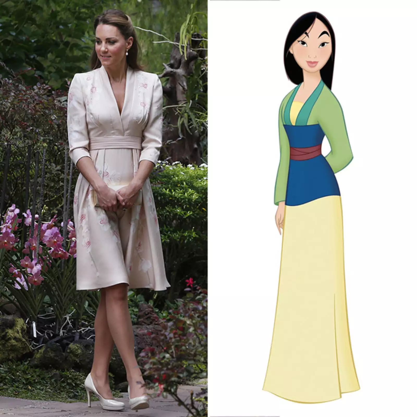 Las líneas simples de este look Jenny Packhman que Kate usó en su visita al Jardín Botánico de Singapur en 2012, nos remiten al estilo de Mulán.