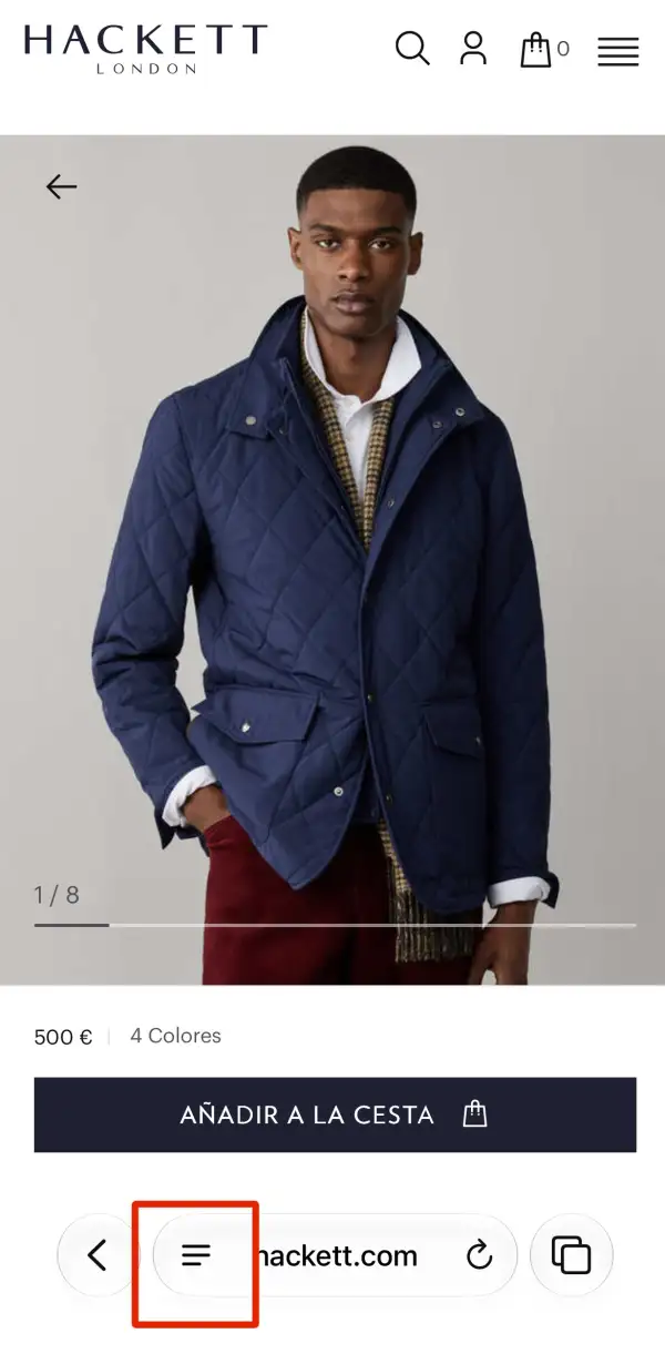 Página de la marca de ropa Hackett London abierta desde el buscador predeterminado del iPhone, Safari. Muestra a un hombre con abrigo de temporada invernal.