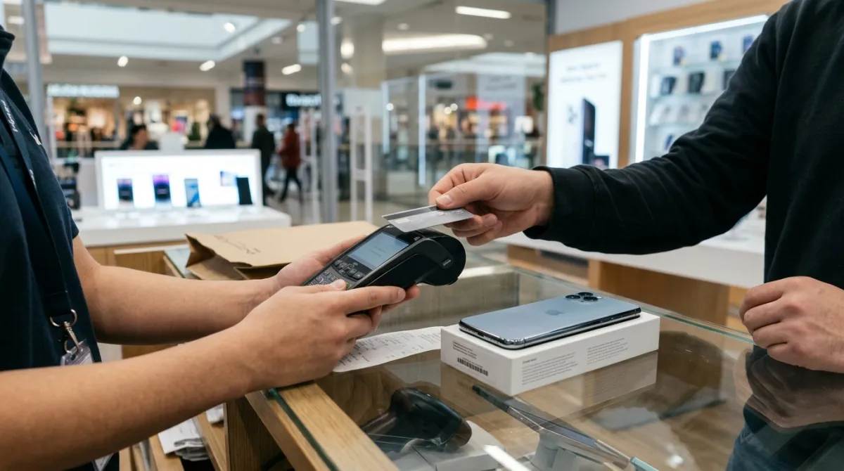 Imagen de una persona comprando un celular en un centro comercial, al tiempo que paga con su tarjeta. 