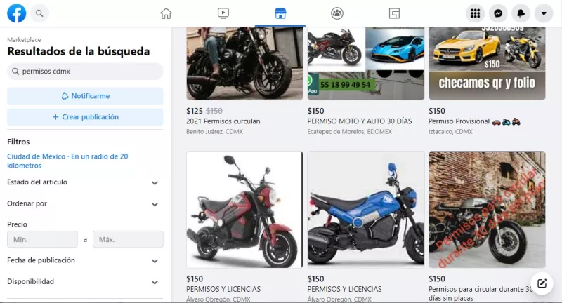Decenas de anuncios en Marketplace ofrecen permisos temporales para circular sin placas.