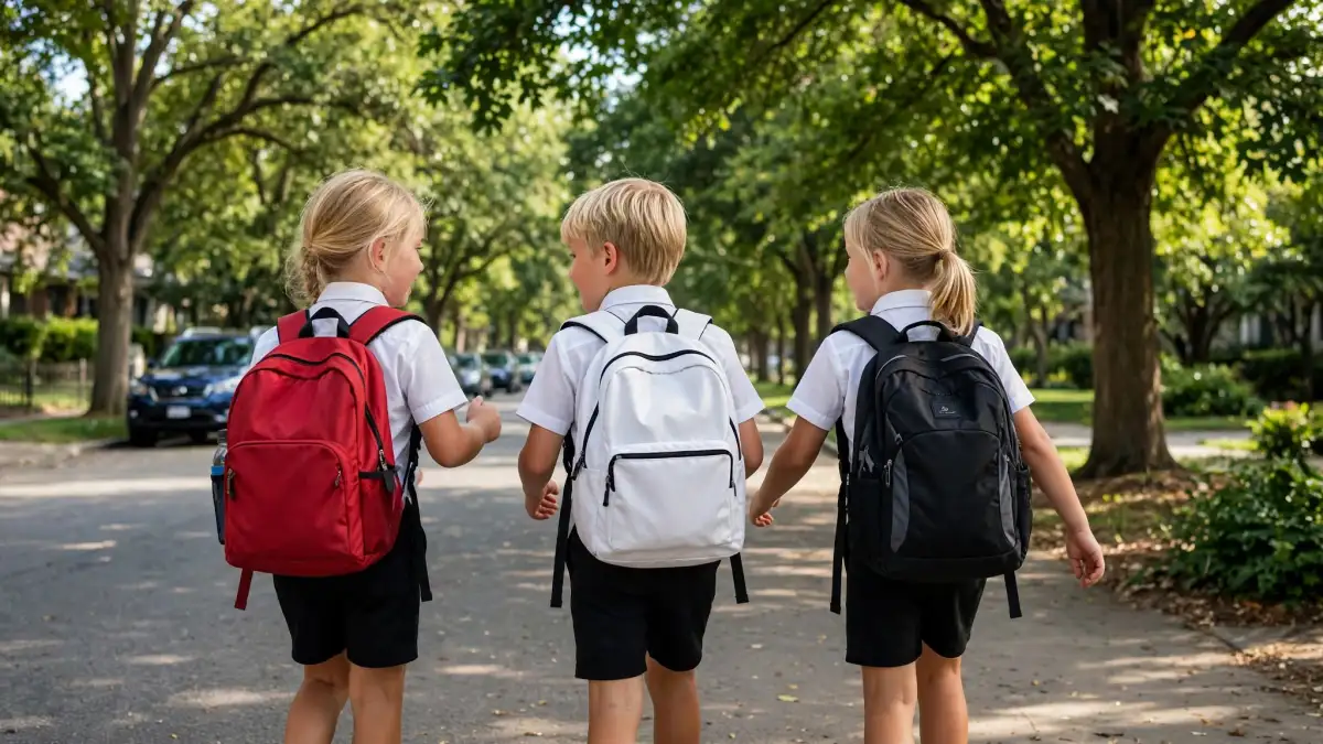 Tres niños rubios de espaldas caminando hacia la escuela por una calle arbolada, vestidos con camisa blanca y pantaloncillos negros.