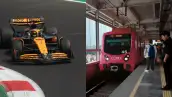 Un auto de Fórmula 1 a la izquierda y un tren llegando en el Metro de la CDMX a la derecha.