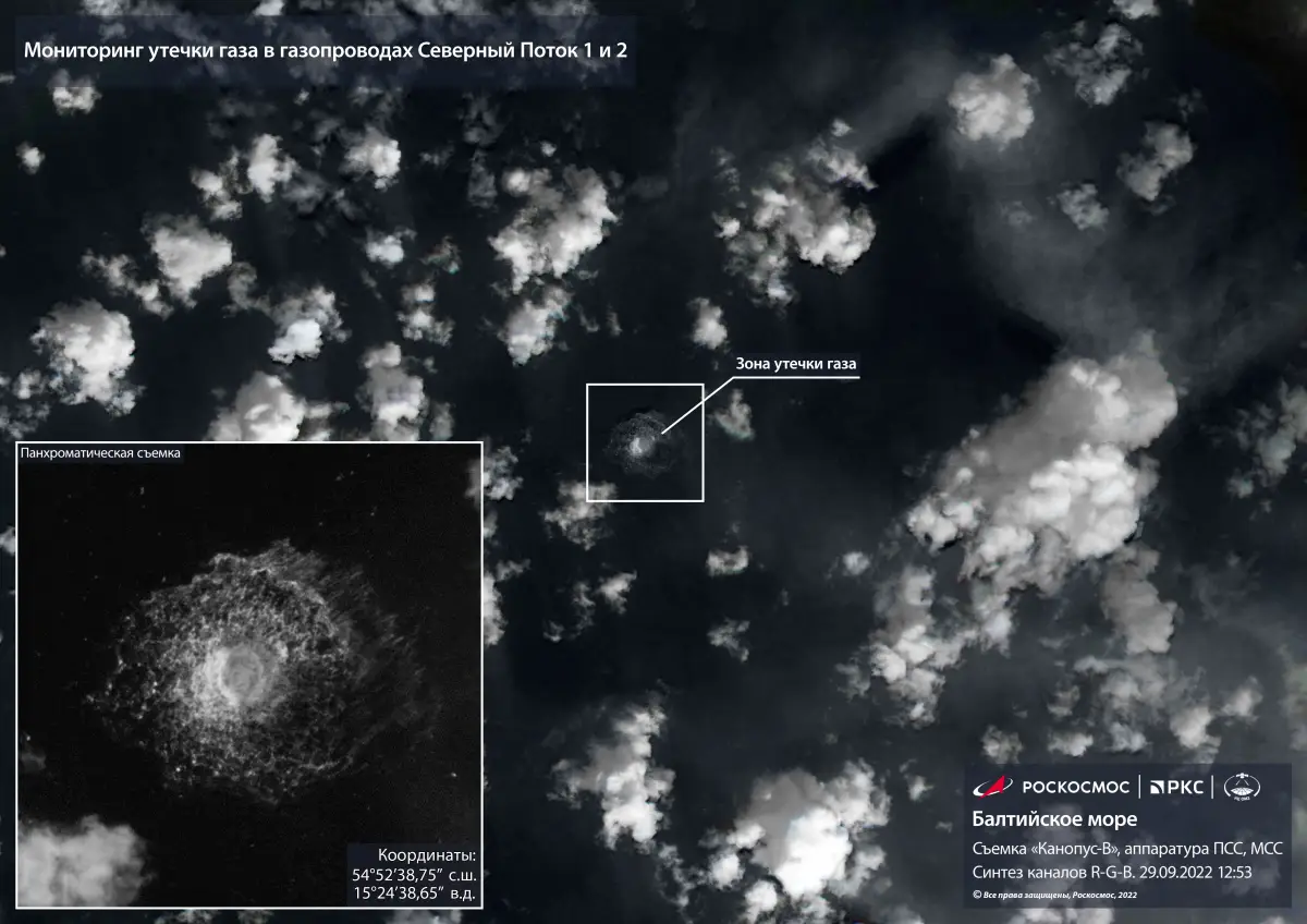 Una imagen satelital muestra el gas del gasoducto Nord Stream burbujeando en el agua luego de incidentes en el Mar Báltico, en esta imagen del folleto publicada el 29 de septiembre de 2022.