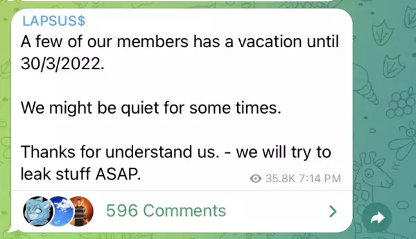 Último mensaje publicado por Lapsus$ en Telegram. 