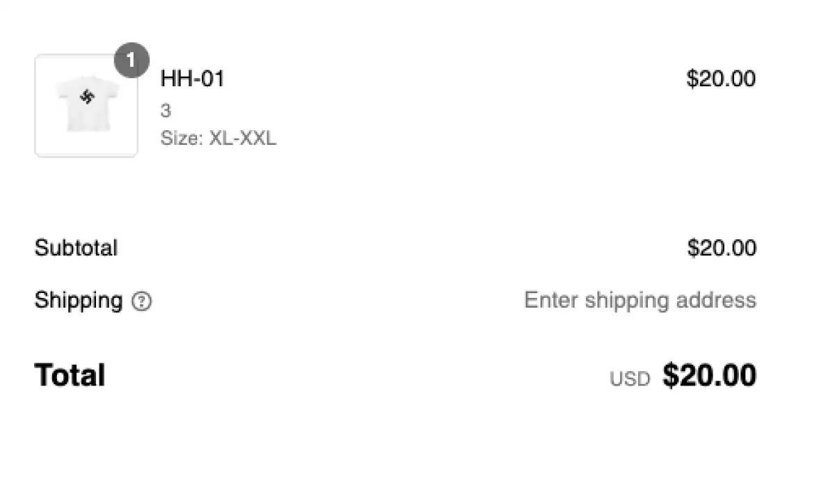 Imagen de la tienda de Kanye West en la que se ve una playera blanca con la esvástica al frente.