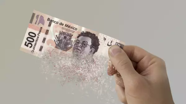 Mexican Pesos bill pulverizes in a man's hand.
