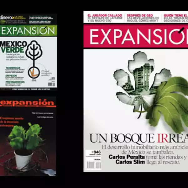 La ecología es prioritaria para Expansión, pero no todas las portadas en que predomina el verde se centran en ella, como la de arriba a la izquierda, de agosto de 2007. La de debajo, de 1983, trató “el espinoso asunto de la inversión extranjera” y la de l