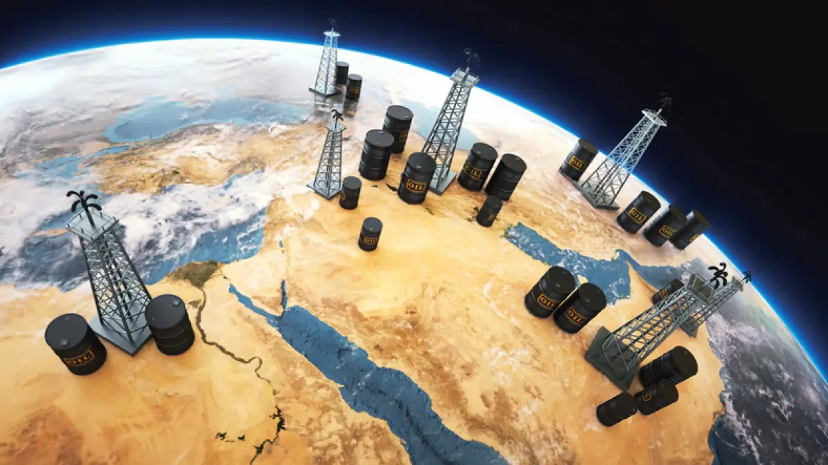 Mapa de Arabia Saudita con barriles de petróleo y torres de perforación.