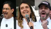 Esta combinación de imágenes creadas el 14 de mayo de 2026, muestra al candidato presidencial colombiano del partido gobernante Pacto Histórico, Iván Cepeda, pronunciando un discurso durante un mitin del Primero de Mayo conmemorando el Día Internacional de los Trabajadores en Bogotá el 1 de mayo de 2026; la candidata presidencial de Colombia Paloma Valencia, del partido Centro Democrático, hablando durante un mitin de campaña en Rionegro, departamento de Antioquia, Colombia, el 13 de abril de 2026; y el candidato presidencial colombiano para el movimiento político Defensores de la Patria, Abelardo de la Espriella, gesticulando durante un mitin de campaña en Medellín, Colombia, el 28 de enero de 2026.