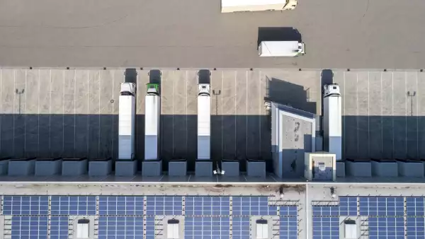 Semi Trucks at Warehouse, Aerial View