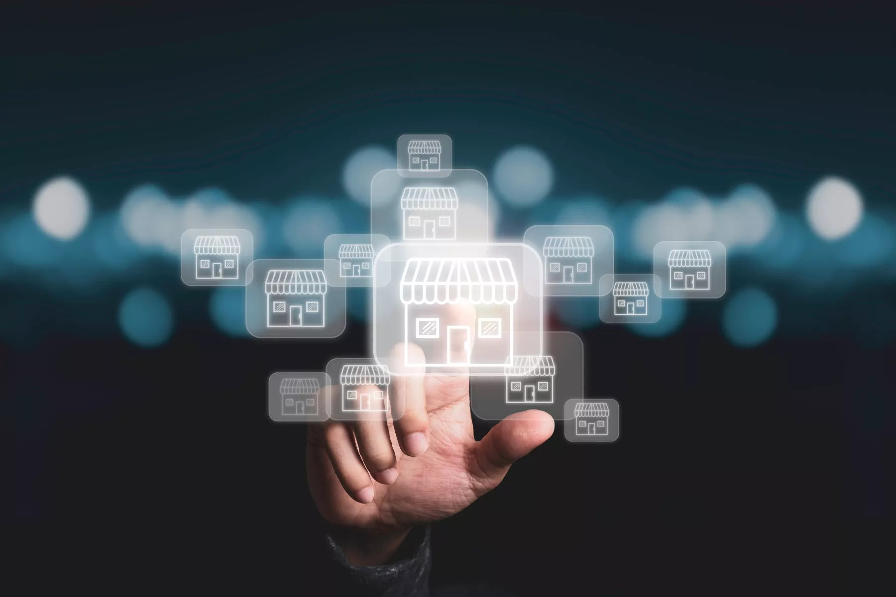 Businessman,Hand,Pointing,To,Virtual,Shopping,Store,Which,Connection,Line