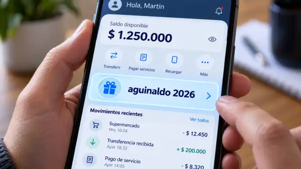 Pantalla de un celular con una app bancaria abierta y una notificación resaltada que dice “aguinaldo 2026”.
