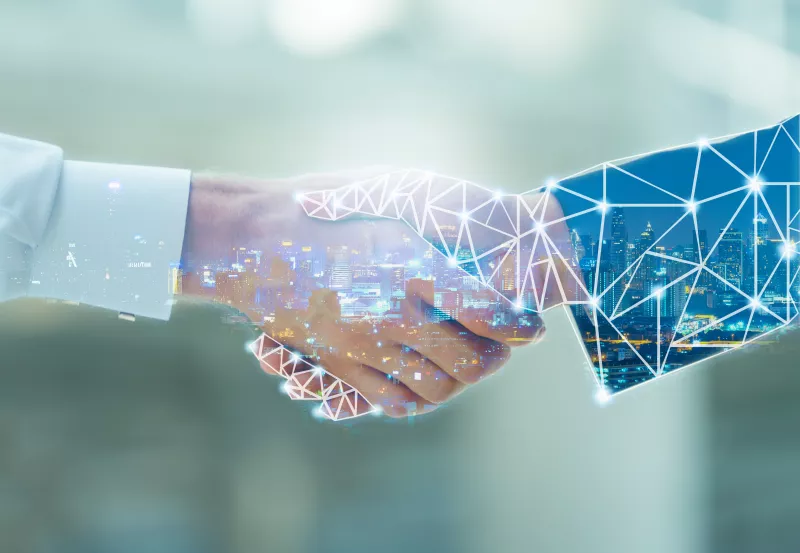 Business man handshake and network connection graphic