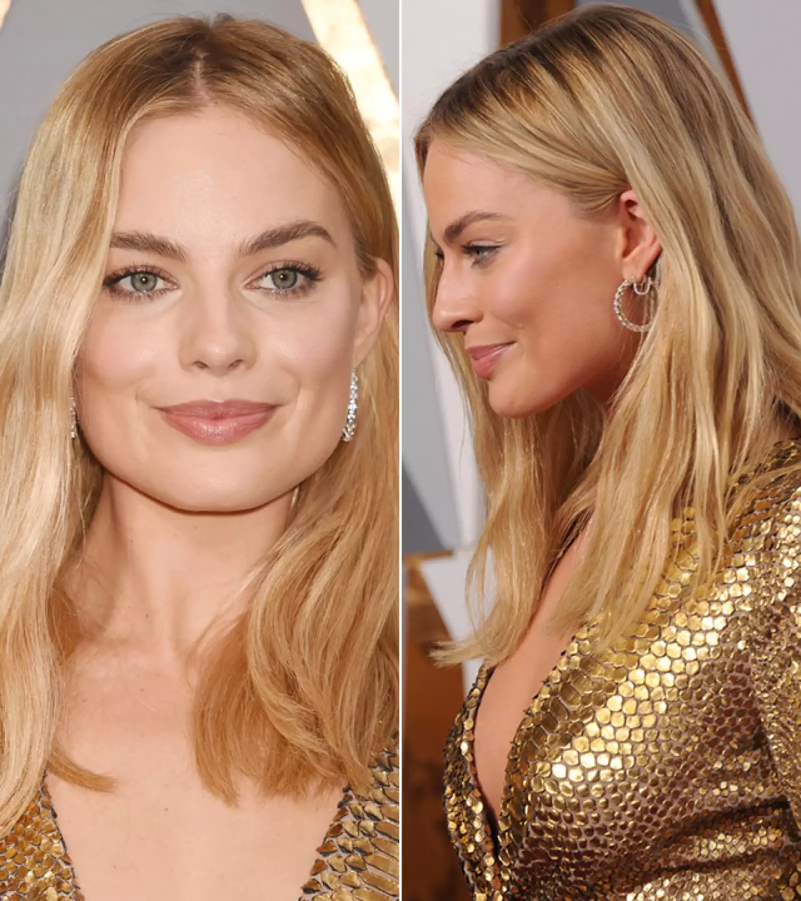 Claro que Margot Robbie iba a lucir de impacto. Su maquillaje natural pero dorado, la hicieron lucir guapísima. El pelo lo llevó suelto y natural. El toque perfecto a el impecable vestido dorado.