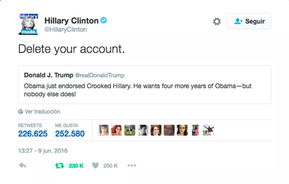 Este fue el tuit de Hillary en respuesta a Trump.