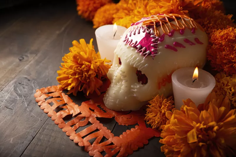 mexican altar sugar skull and flowers