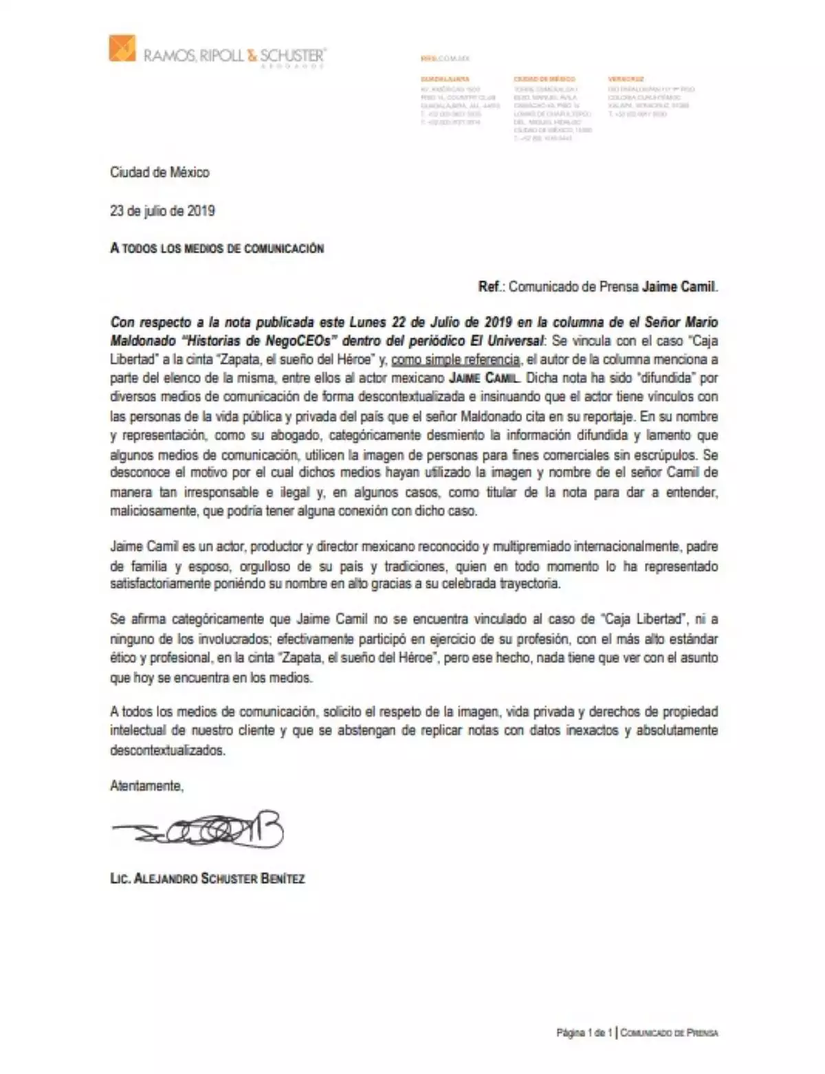 Comunicado de prensa Jaime Camil