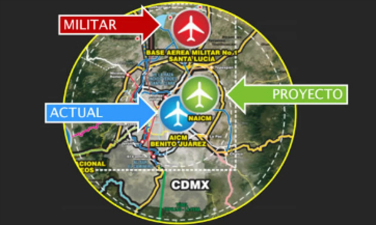 La ubicación del NAICM en comparación con el actual aeropuerto y la base militar de Santa Lucía . (Foto: Twitter/Andrés Manuel López Obrador)