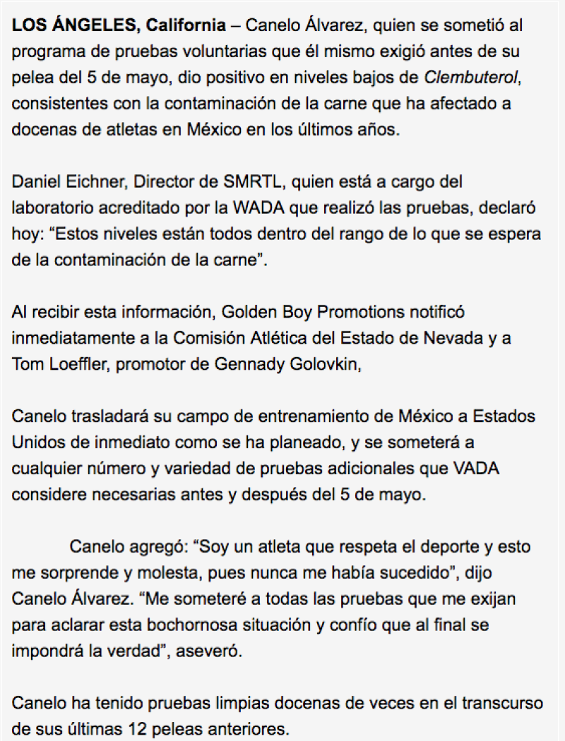 Golden Boy Comunicado Clembuterol