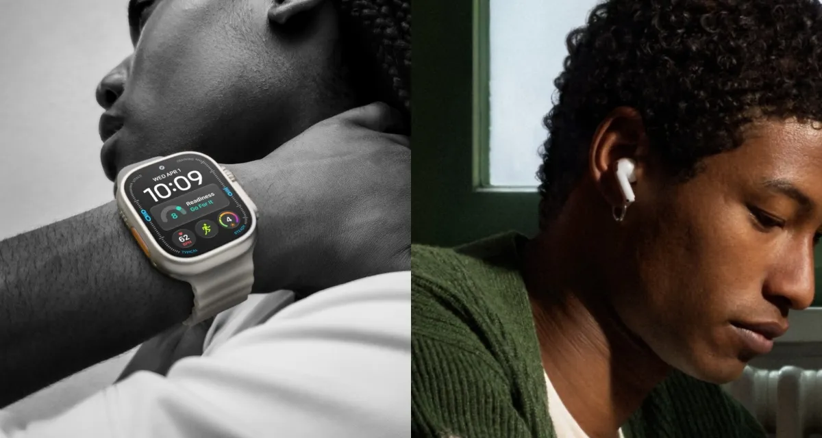De un lado de la fotografía, una persona utiliza el nuevo Apple Watch Ultra 4 y, del otro lado, otra persona utiliza los nuevos AirPods 5.