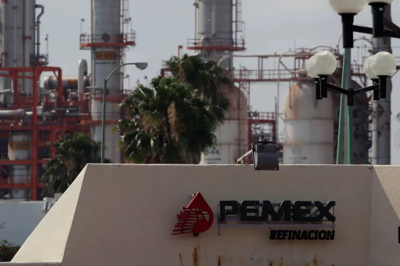 FILE PHOTO-The logo of Mexico's state-owned company Pemex is pictured at a refinery in Cadereyta