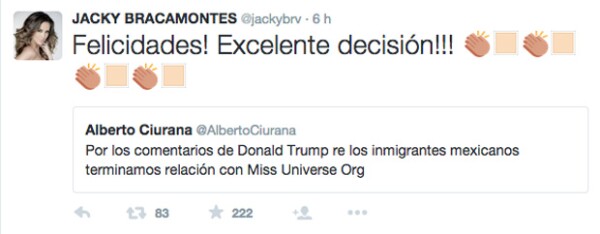 Ante la decisión de Univisión de terminar la relación con Miss Universo, Jacky aplaudió el apoyo que le ofrecieron a los mexicanos y a los latinos.