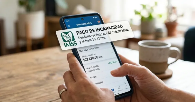 Persona sostiene un celular con una aplicación bancaria que muestra un depósito del IMSS correspondiente al pago de una incapacidad.