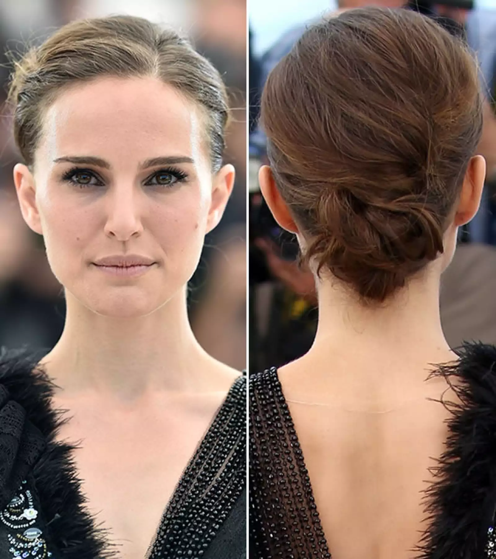 Guapísima como siempre, Natalie Portman optó por un low messy bun combinado con ojos remarcados con delineador y rímel. El resto de la cara la llevo en tonos nude, llevando toda la atención a su penetrante mirada.