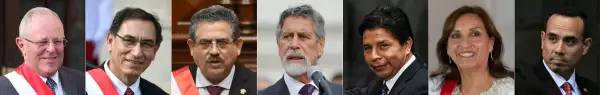 Esta combinación de imágenes creadas el 18 de febrero de 2026 muestra (Ir-R) al presidente peruano Pedro Pablo Kuczynski durante una ceremonia en el palacio presidencial de Lima el 17 de septiembre de 2017, el presidente peruano Martin Vizcarra durante una ceremonia de juramento ministerial en el Palacio de Gobierno de Lima el 2 de abril de 2018, el jefe del Congreso peruano Manuel Merino durante su ceremonia de investidura como presidente interino en Lima el 10 de noviembre de 2020, el congresista peruano Francisco Sagasti después de ser elegido como presidente interino de Perú en el Congreso en Lima el 16 de noviembre de 2020, el presidente peruano Pedro Castillo durante la inauguración de la 52a Asamblea General de la OEA en Lima el 5 de octubre de 2022, la nueva presidenta de Perú, Dina Boluarte, después de la ceremonia de juramento de los ministros del gabinete recién nombrados