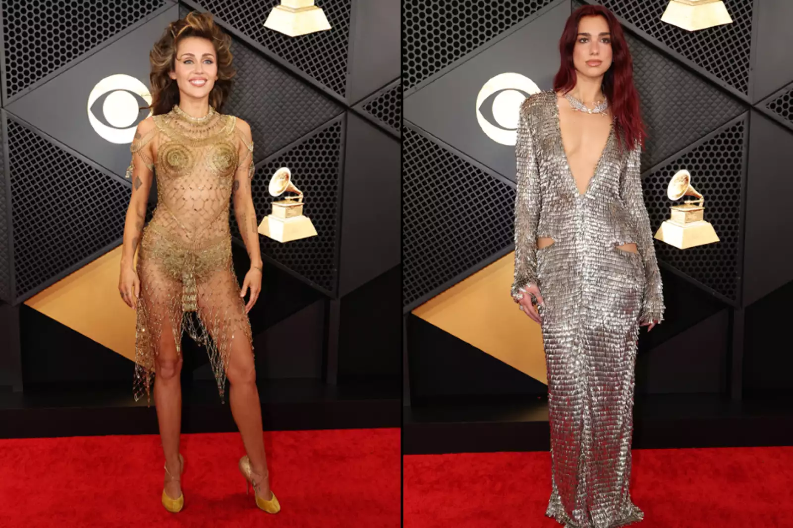 Por supuesto nuestra selección de artistas con los looks más llamativos no podía estar completa sin las estrellas del pop Miley Cyrus y Dua Lipa, cada una deslumbrando su belleza a su manera. 