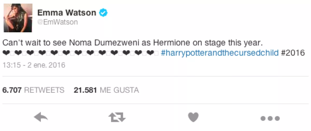 La actriz se muestra feliz por la obra de teatro de Harry Potter.