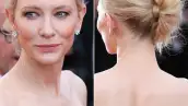 Cate Blanchett también causó sensación en Cannes luciendo un chongo de lado y muy peculiar. Llevó los ojos con sombras claras pero con delineador y los labios en tono naranja nude.
