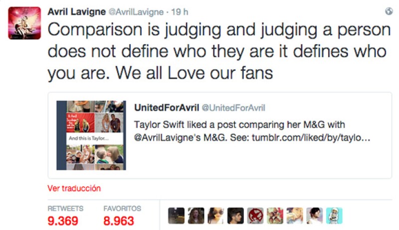 Este fue el primer tuit con el que Avril reaccionara a la comparación que hicieron entre el trato que ella tiene con sus fans, y el de Taylor.