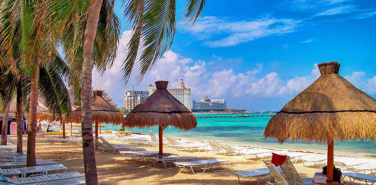 Panoramic beach scene in Cancun, Mexico.