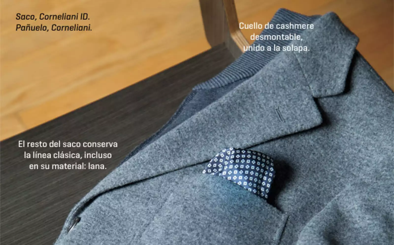 La tendencia general es que las prendas y accesorios cumplan más de una función, en distintas ocasiones o en variedad de climas y geografías, como este blazer que tiene un cuello desmontable de cashmere con cremallera adosado a las solapas para proteger d