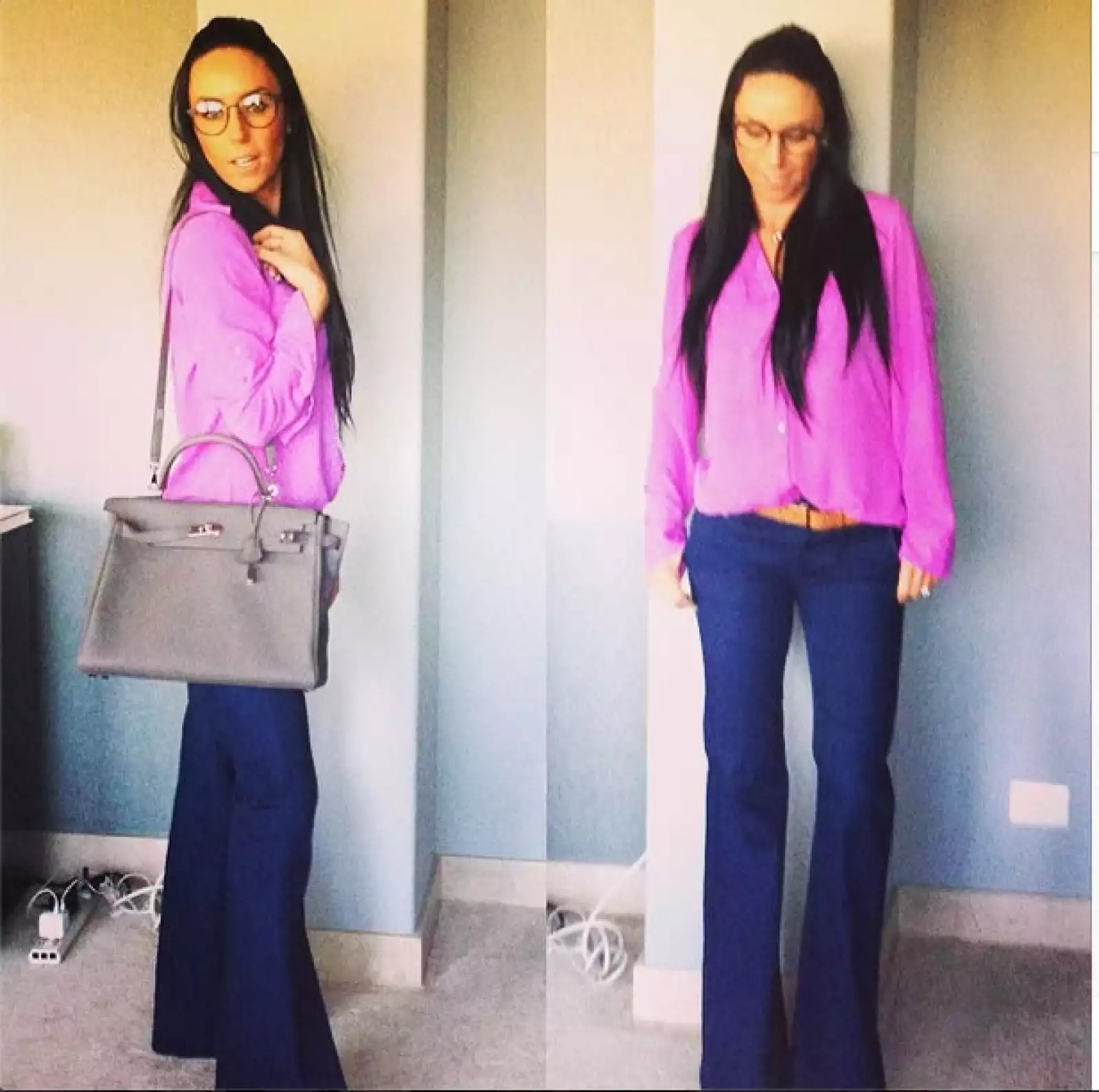 Con un look casual optó por contrastar con la bolsa en color gris.