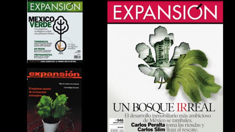 La ecología es prioritaria para Expansión, pero no todas las portadas en que predomina el verde se centran en ella, como la de arriba a la izquierda, de agosto de 2007. La de debajo, de 1983, trató “el espinoso asunto de la inversión extranjera” y la de l