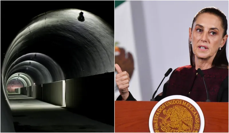 En la imagen dividida se observa un túnel de la Línea 12 del Metro y a la presidenta Claudia Sheinbaum en una conferencia matutina. 