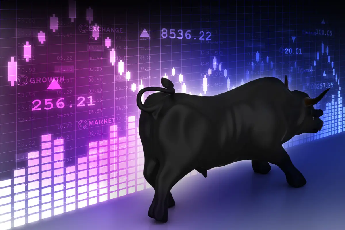 Rising black business bull in color background