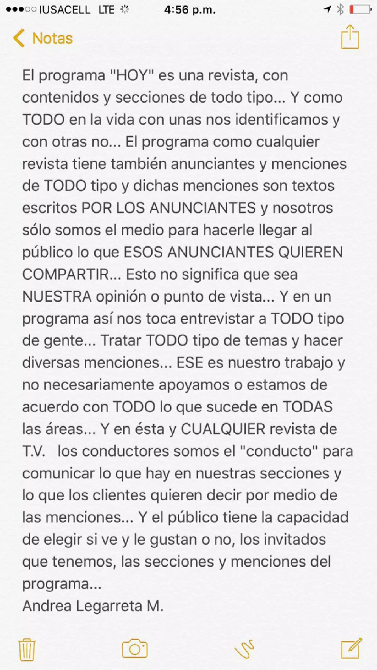 El comunicado que Andrea Legarreta publicó a través de sus redes, mismo que tuvo que borrar debido a las críticas que generó.