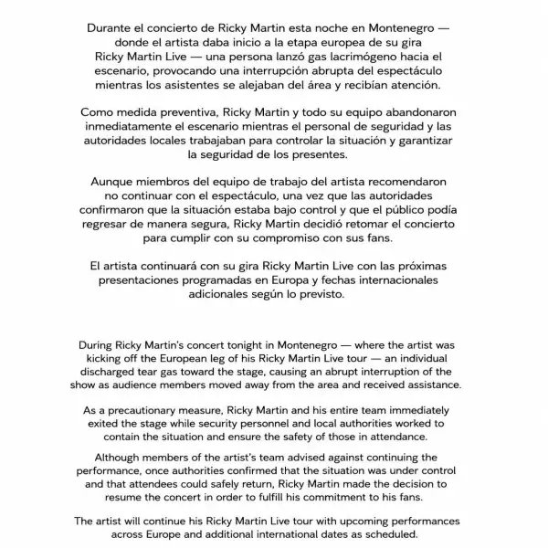 Ricky Martin y su equipo están bien tras sufrir un ataque con gas lacrimógeno antes del inicio de su concierto en Montenegro