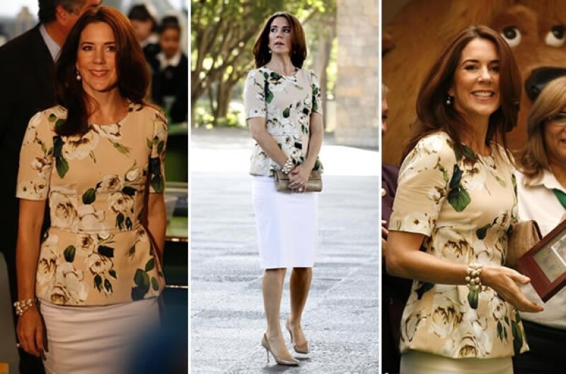 Mary de Dinamarca abrió su `tour de looks´ con este conjunto de falda y top con peplum.