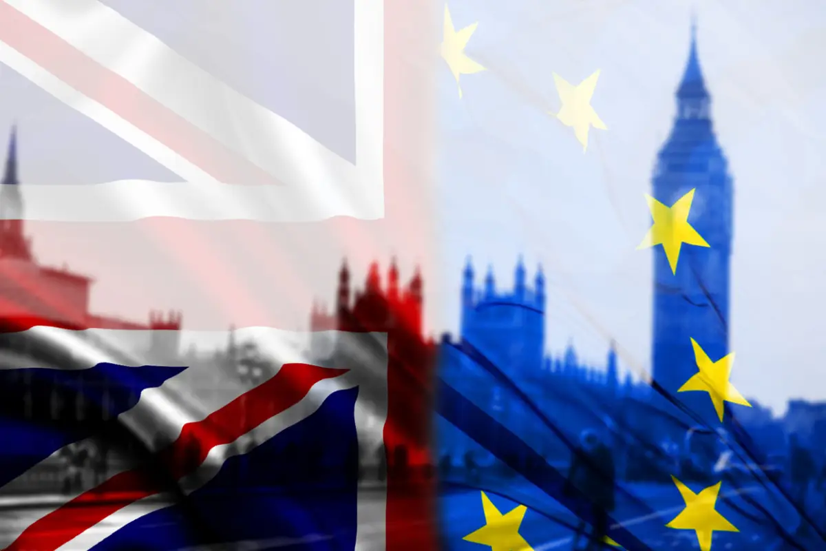 UK flag, EU flag and Big Ben