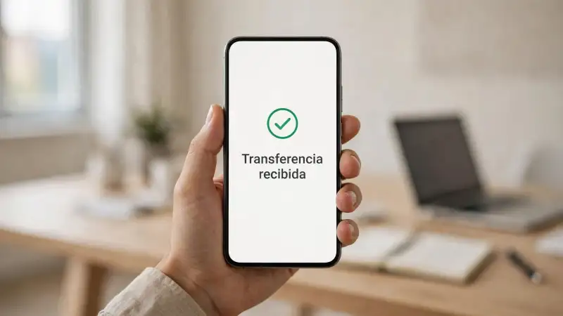 El edificio del Banco de México y una persona sosteniendo un celular con la notificación de transferencia recibida.