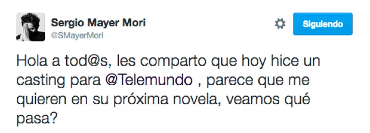 Este es el tuit en el que Sergio Mayer Mori compartió su emoción por actuar.