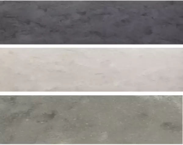 Colores de la Colección Aggregate de Corian® Solid Surface. De arriba hacia abajo: Carbon Aggregate; Neutral Aggregate y Ash Aggregate.