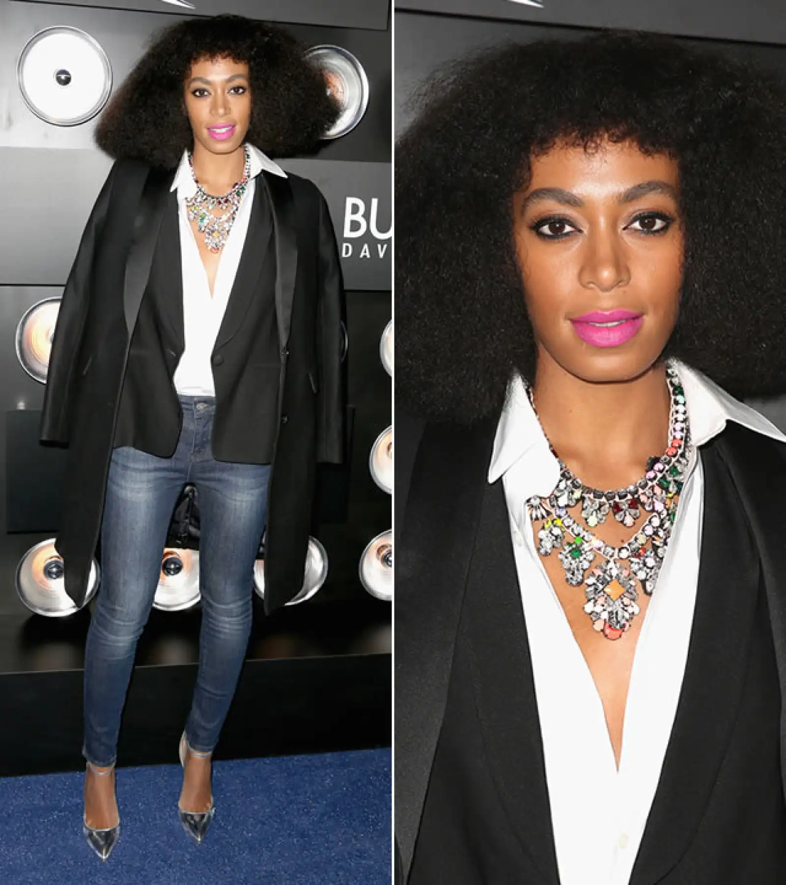 Playboy Party, 2014: La cantante vistió casual para la ocasión con jeans, pointy heels, camisa blanca, saco negro y un statement necklace. Su afro obviamente causó sensación, al igual que su delineado tipo cat eye y sus labios rosa flash.