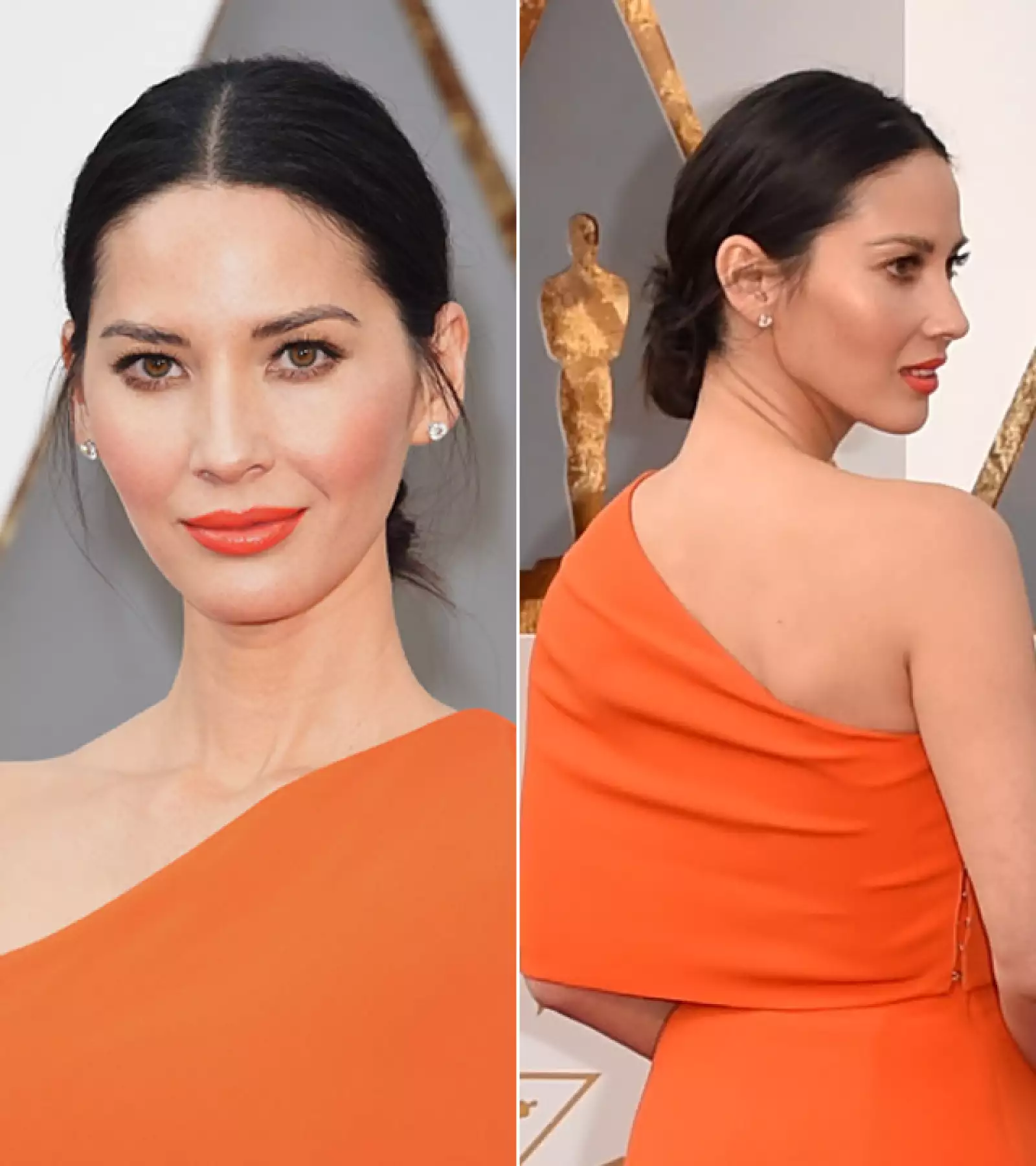 Olivia Munn se atrevió a combinar el color naranja de su vestido con los labios, y lo hizo de maravilla. El color levantó el tono de su piel. Llevó el pelo en un nudo bajo.